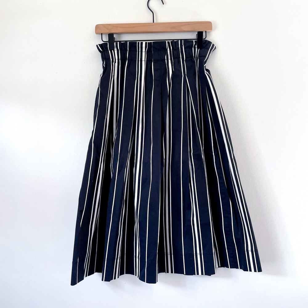 HM Black White Striped Paperbag Waist Midi Skirt Pockets US 2 Parisian Feminine